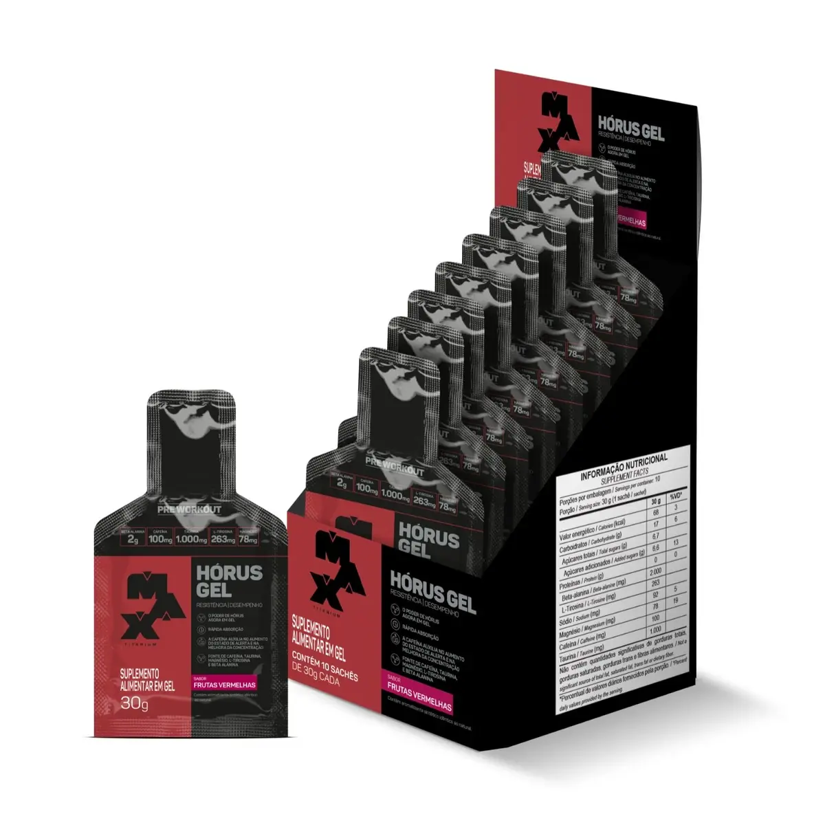 Horus Gel · Display 10 Saches · 30g - Frutas Vermelhas