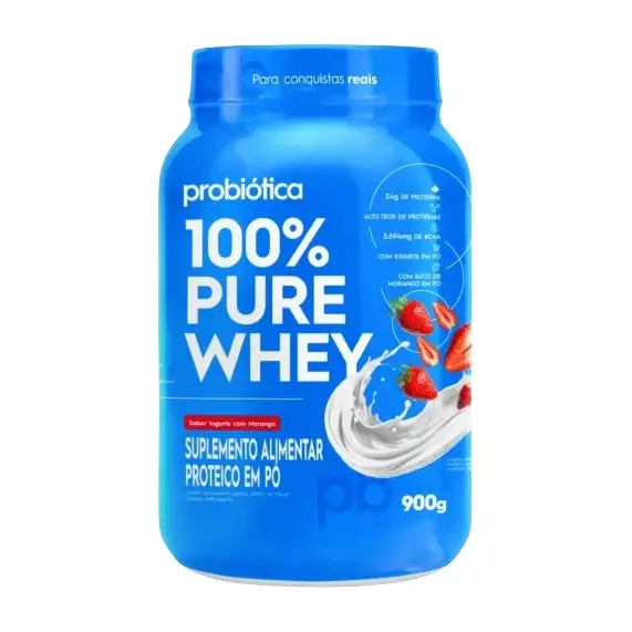 100% Pure Whey · Pote 900g · Iogurte com Morango